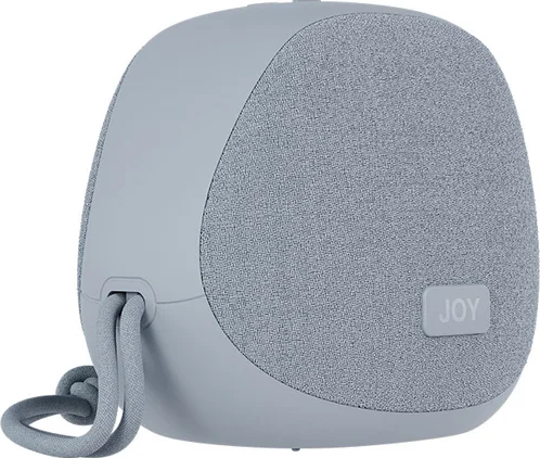 Haut-parleur Joy gris avec housse en tissu gris et corde grise.