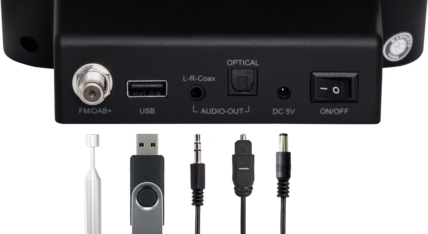 Arrière d'un système audio noir. Ports pour différentes connexions sont visibles.