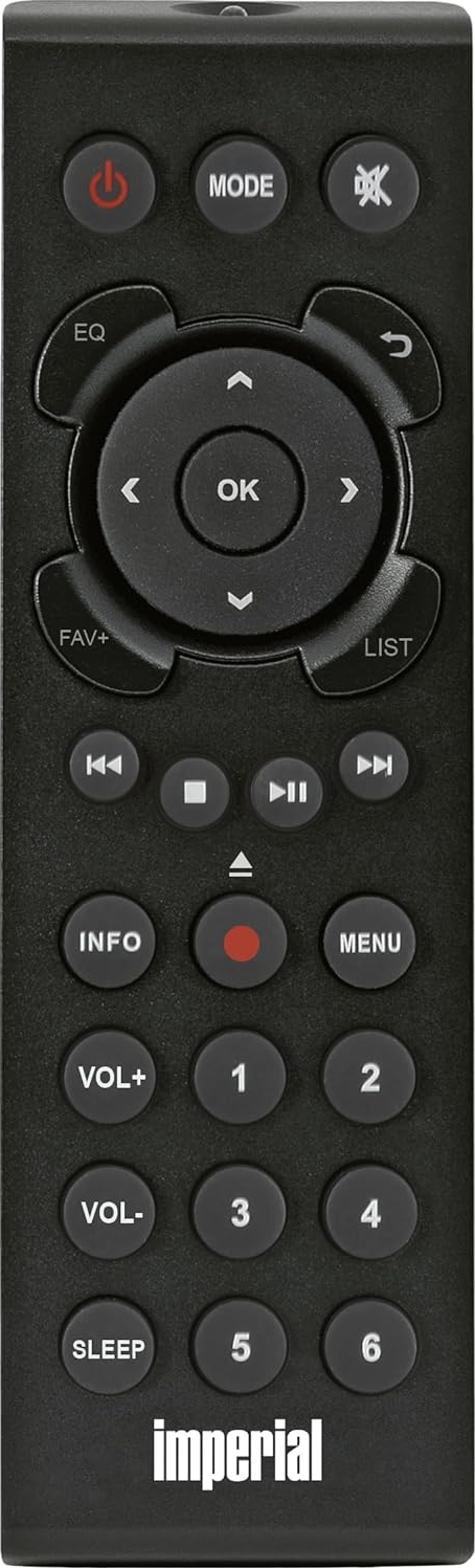 Télécommande noire avec plusieurs boutons. Le mot "Imperial" est en bas.