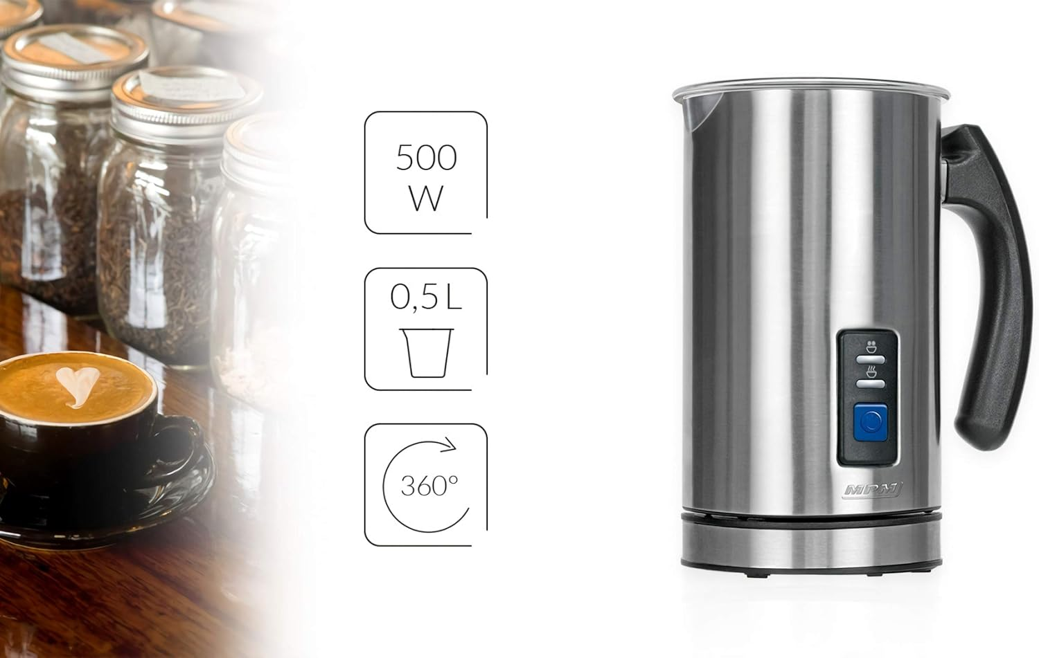 Srebrny spieniacz do mleka z czarnym uchwytem oraz kawą i składnikami w tle.