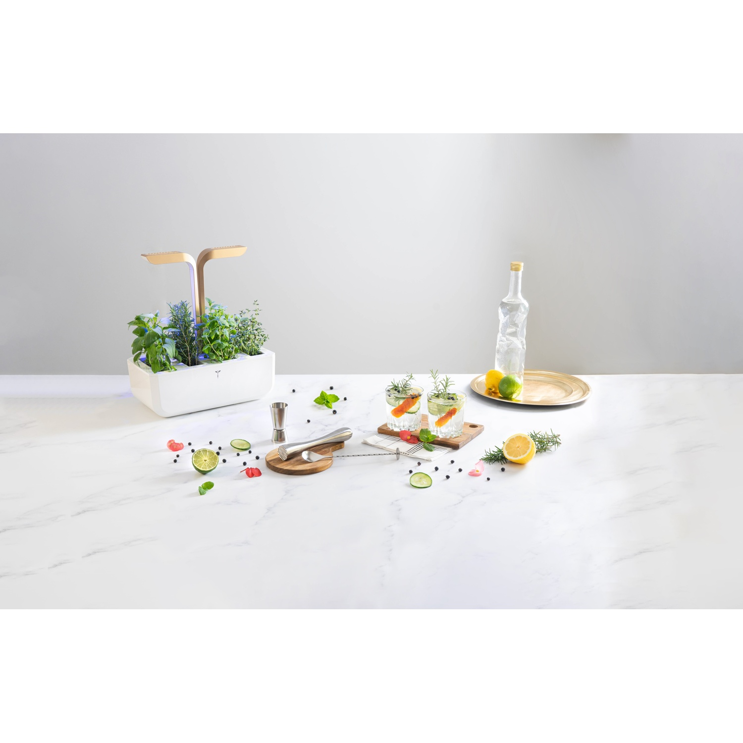 Giardino di erbe aromatiche indoor con due cocktail, guarnizioni e ingredienti su tavolo bianco, sfondo grigio.