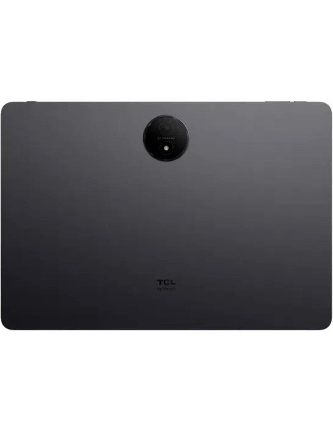 Una tableta gris oscuro con una cámara en el medio. La parte trasera del dispositivo es lisa y gris.