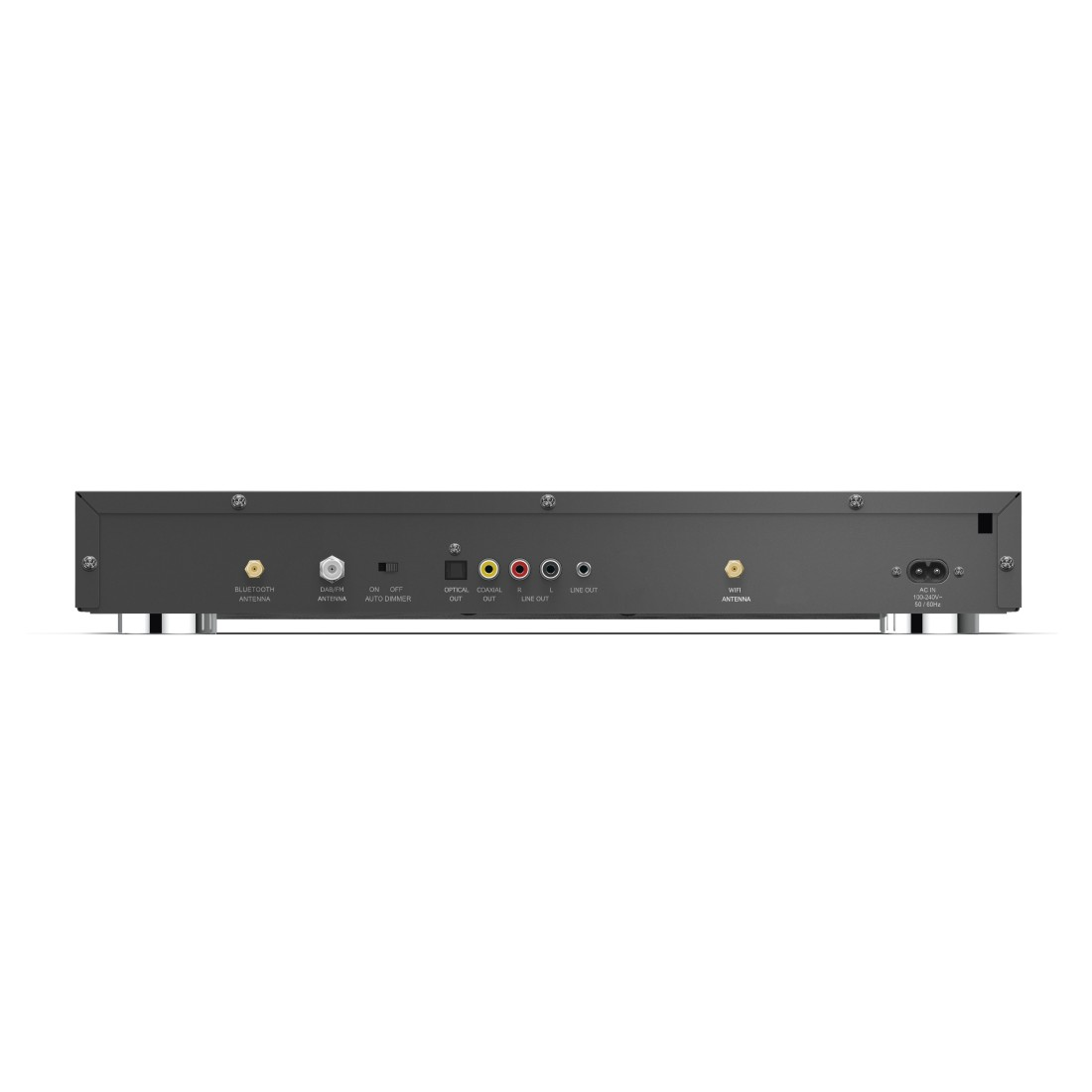 Un dispositivo de audio negro con botones y puertos de entrada/salida sobre fondo blanco.