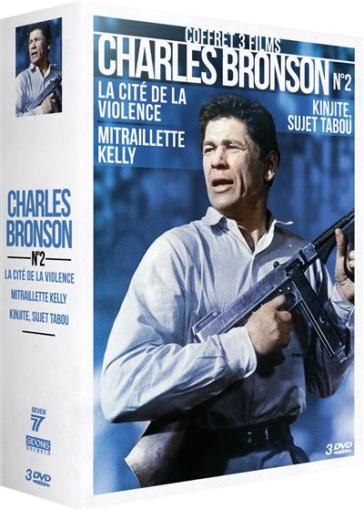 Coffret de films Charles Bronson avec trois films. La boîte a une photo de Charles Bronson tenant une arme.