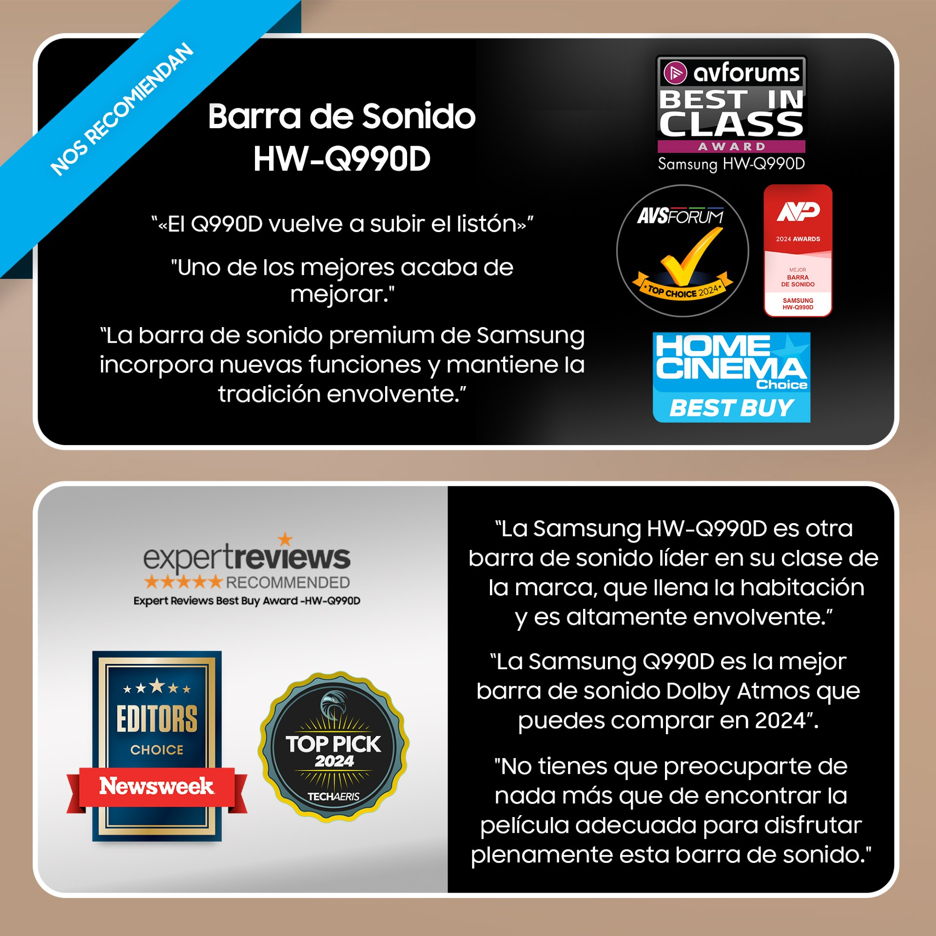 Reseñas de una barra de sonido Samsung, con logotipos y texto en español.