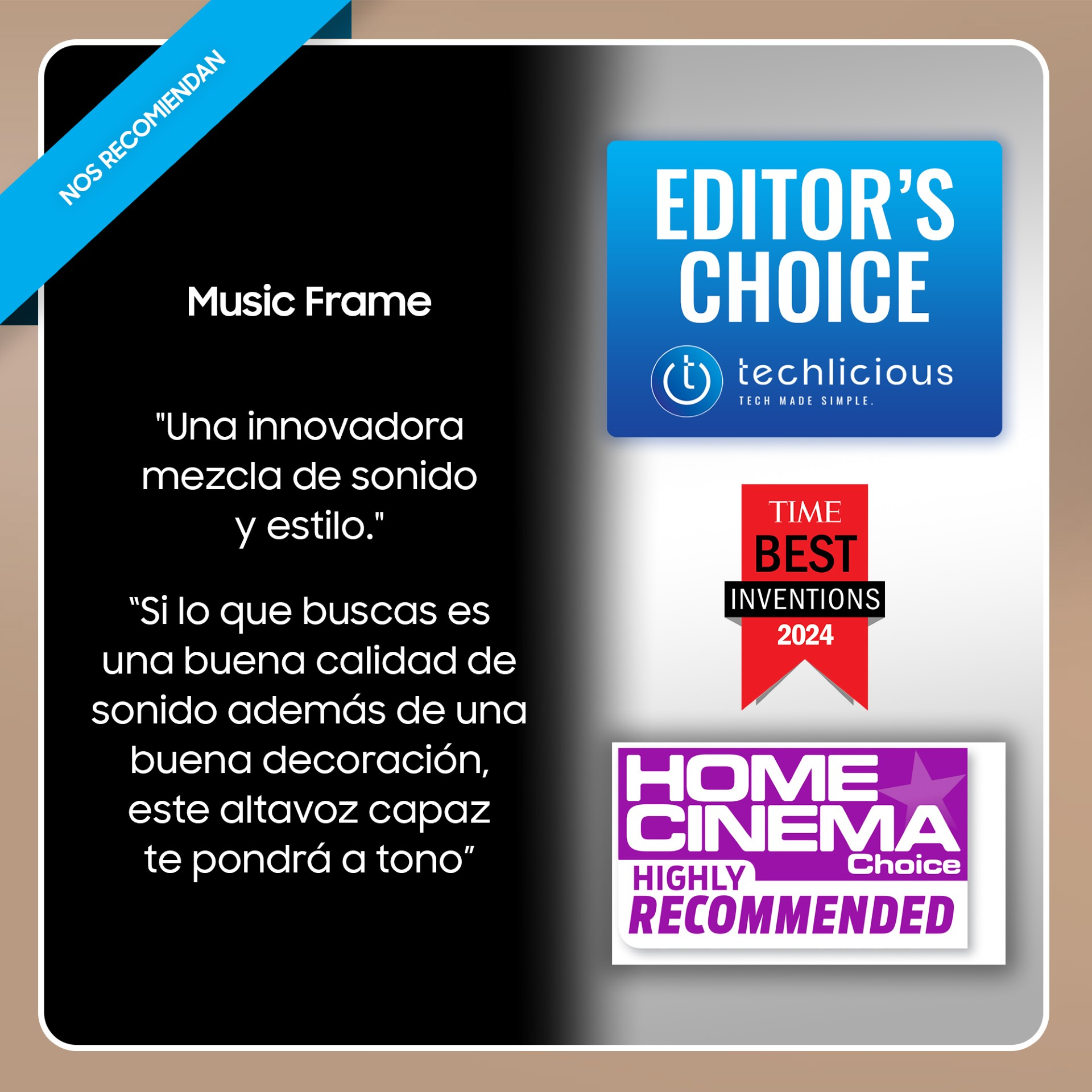 Una exhibición de logotipos con texto, incluyendo Editor's Choice, Time Best Inventions 2024 y Home Cinema.