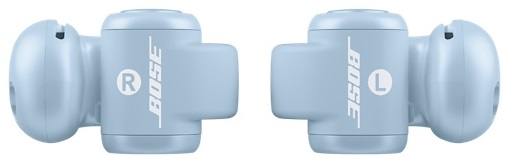 Dwie jasnoniebieskie słuchawki Bose, oznaczone literami R i L.