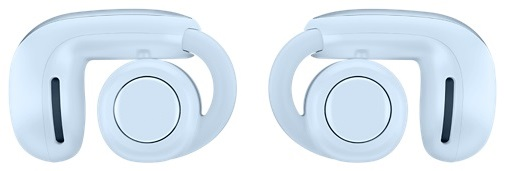 Dwie niebieskie bezprzewodowe słuchawki douszne z zaczepami na uszy na białym tle. Słuchawki są zwrócone do siebie.