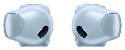 Dwie jasno niebieskie słuchawki douszne. Każda ma zaokrąglony kształt z małym otworem do wyjścia dźwięku.