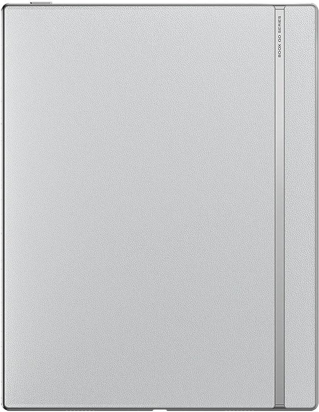 Copertina argentata e rettangolare con testo 'BOOX GO SERIES' a destra.