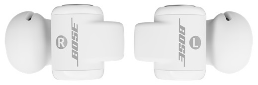 Dwa białe słuchawki Bose, pokazujące oznaczenia prawy i lewy (R i L).