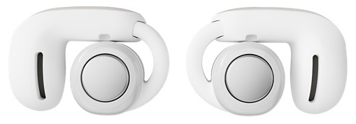 Dwa białe słuchawki douszne z zakrzywionymi zaczepami na uszy, skierowane do siebie.