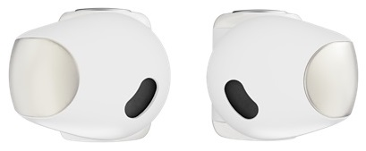 Dwa białe słuchawki douszne, o zaokrąglonym kształcie, na białym tle.