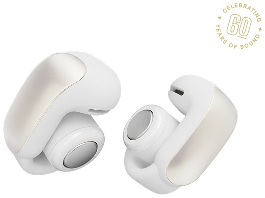 Dwa białe słuchawki z srebrnymi akcentami na białym tle, ze złotym logo tekstowym.