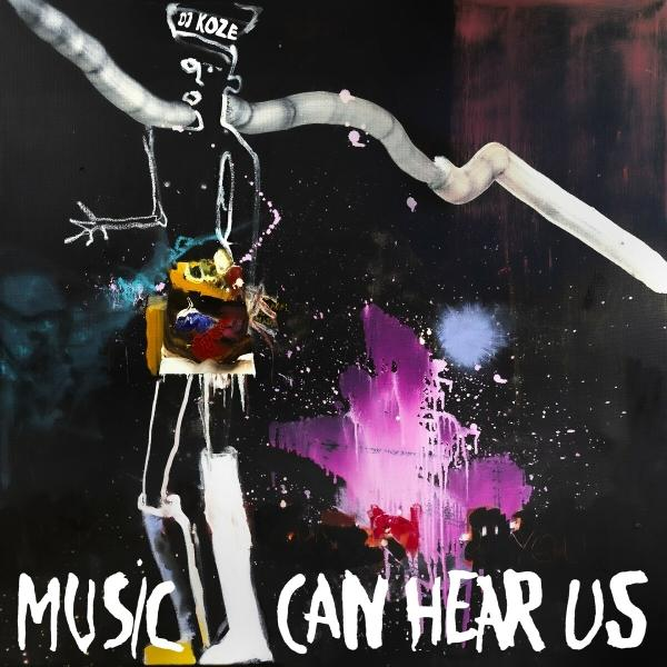 Abstracte kunst met een figuur en tekst: Music Can Hear Us.