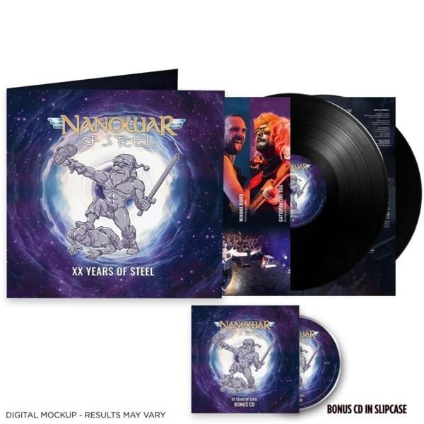 A 'NanoWar of Steel' album borítója. Egy figurát, a zenekar tagjait és két bakelit lemezt ábrázol.