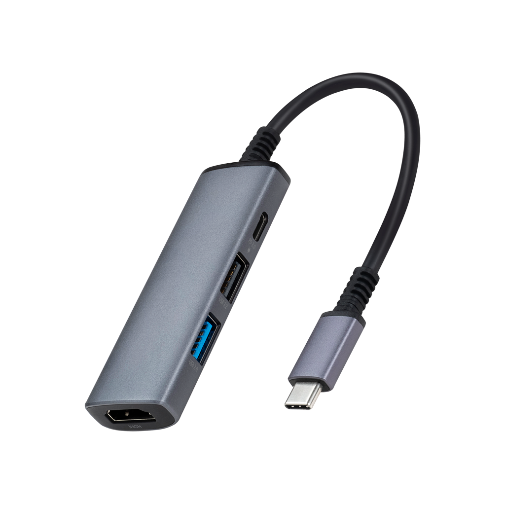 Gri USB-C hub, çoklu bağlantı noktaları, siyah kablo, siyah arka plan.