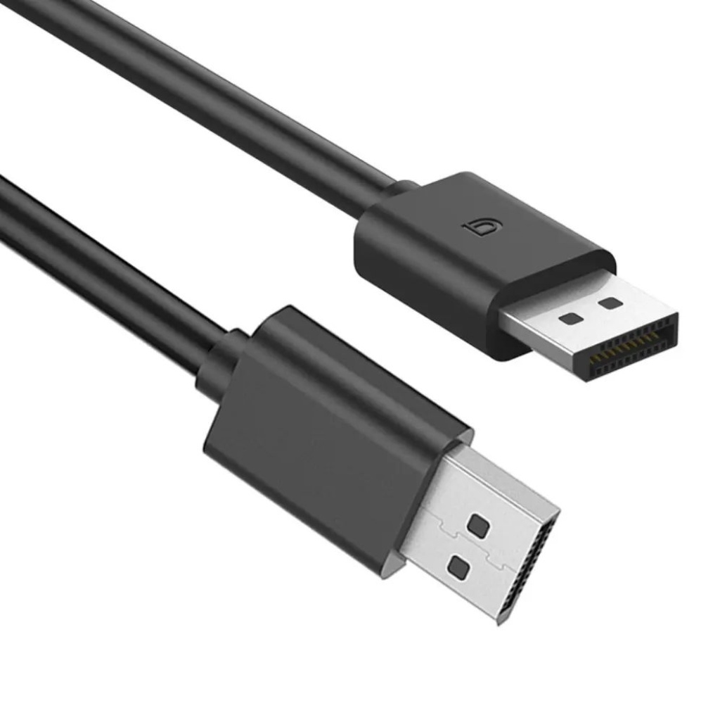 Her iki ucunda konnektörler bulunan siyah bir DisplayPort kablosu, beyaz bir arka plan üzerinde.