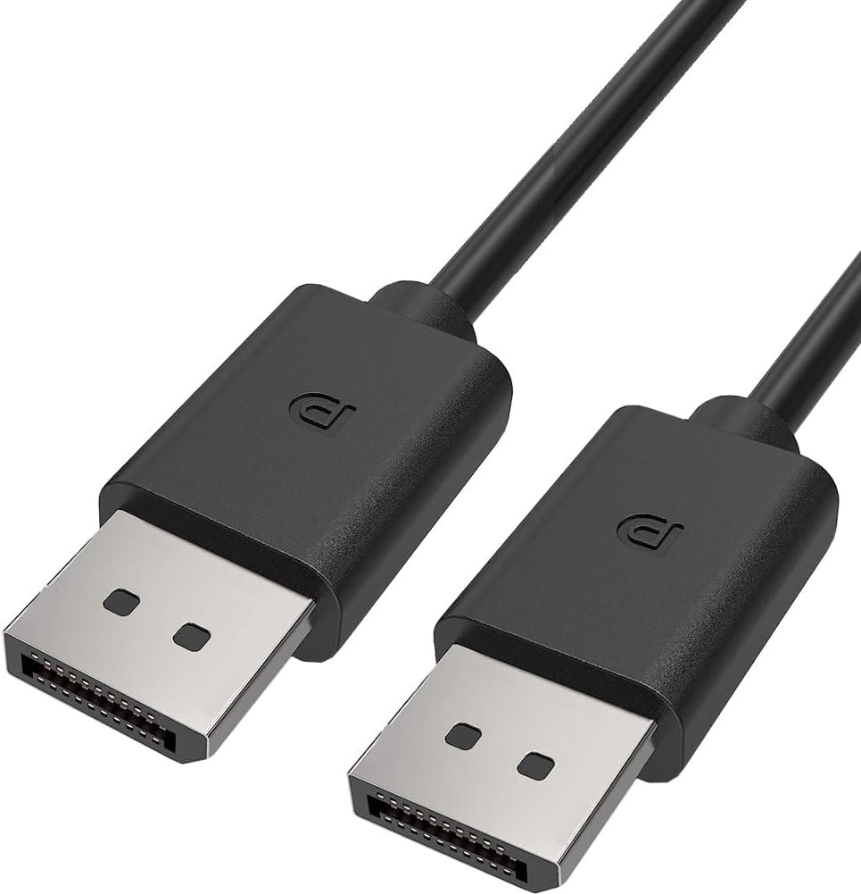 İki siyah DisplayPort kablosu. Beyaz bir arka plan üzerinde gümüş DisplayPort konektörleri.
