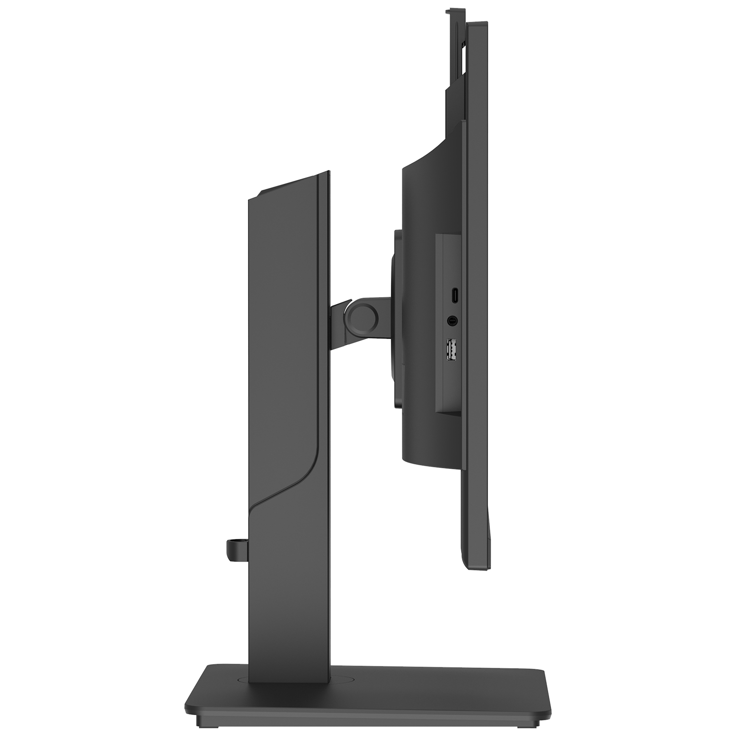 Bir stand üzerinde siyah bir monitörün yan görünümü. USB portları görünür.
