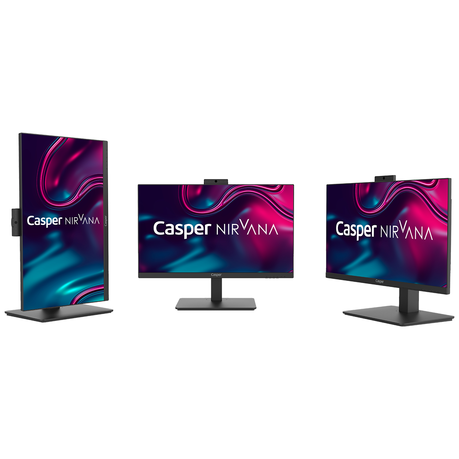 Üç Casper Nirvana monitör, siyah standlar, ekranda metin, siyah arka plan.