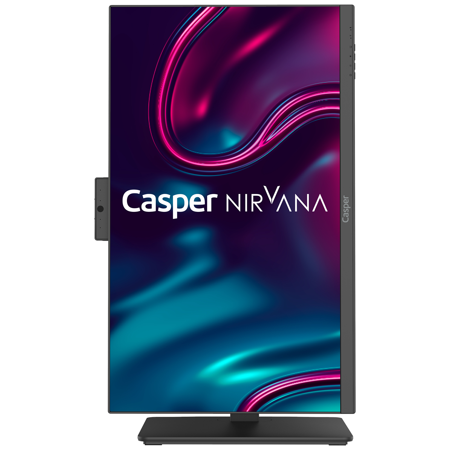 Siyah standlı, siyah çerçeveli ve renkli ekranlı bir Casper Nirvana monitör.