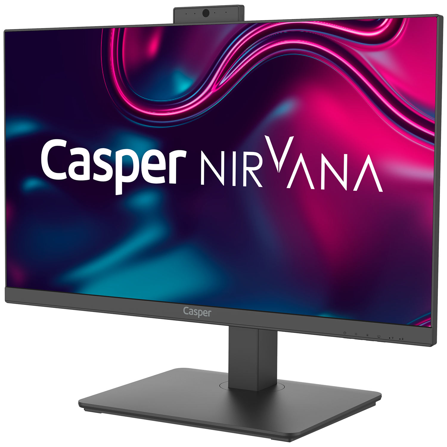 Casper Nirvana monitörü, siyah stand, üzerinde bir web kamerası ile bir masada.