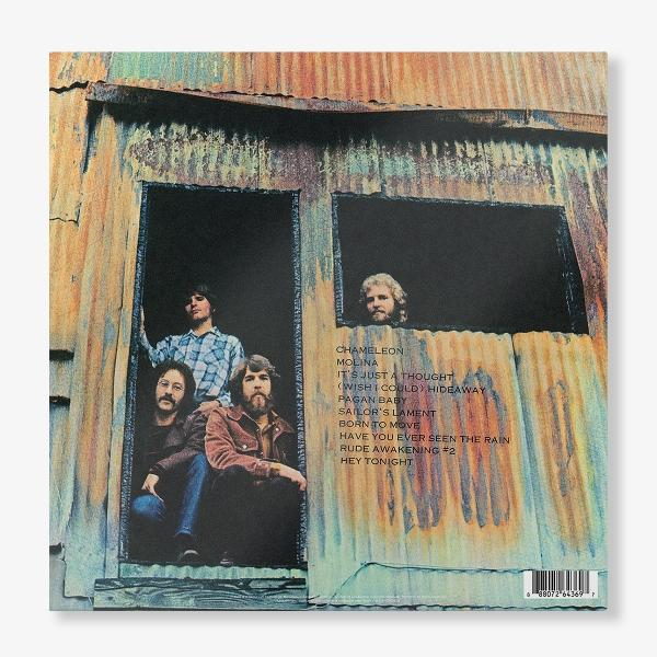 De achterkant van een album, met bandleden in een verweerde structuur.