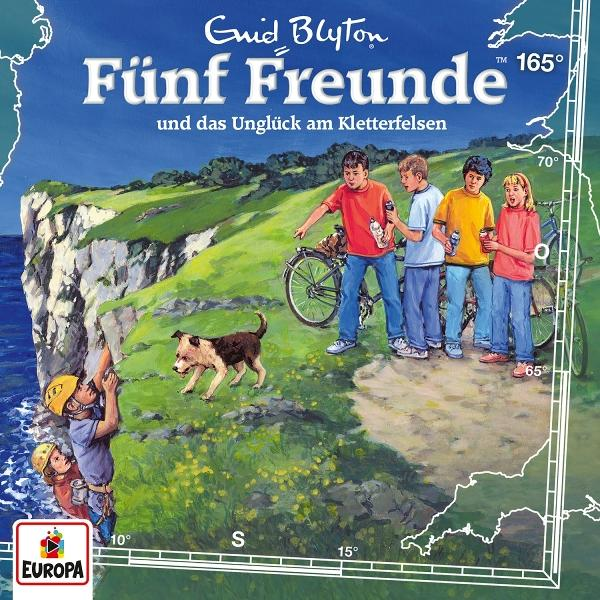Cover des Buches 'Fünf Freunde', zeigt Kinder auf einer Klippe mit Hund und Karte.