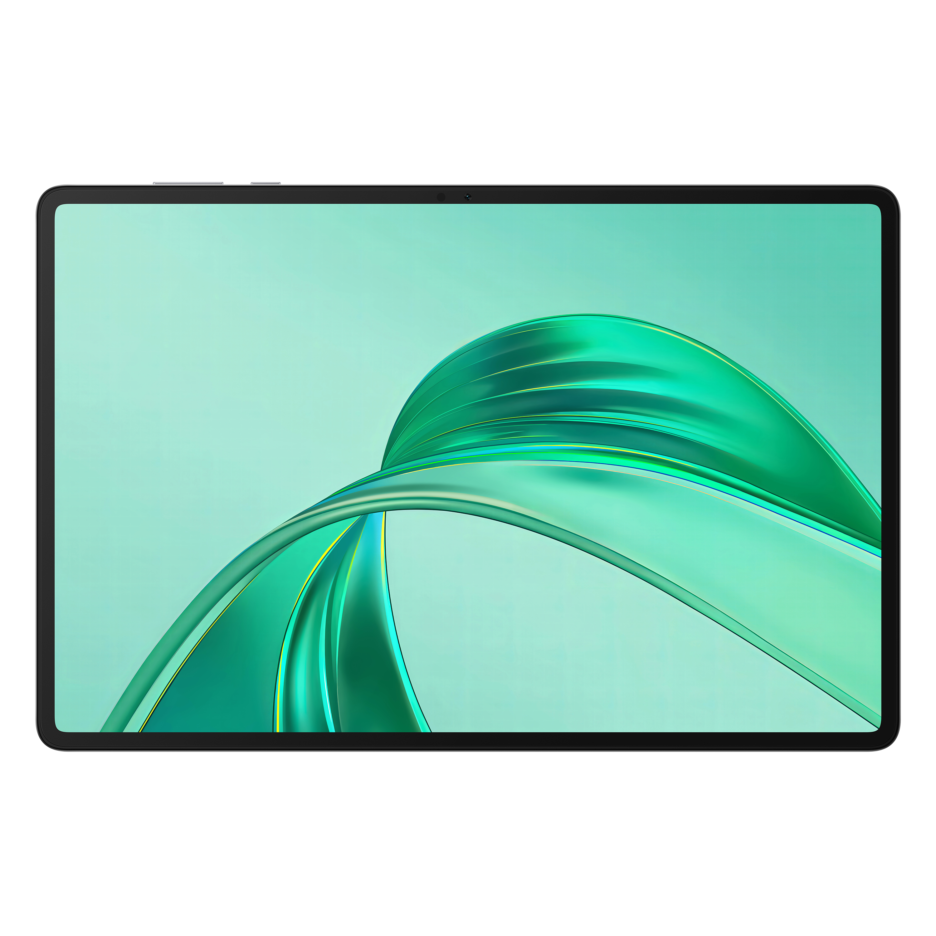 Ein schwarzes Tablet mit einem Bildschirm, der ein abstraktes Design in Grün und Blau zeigt, auf weißem Hintergrund.