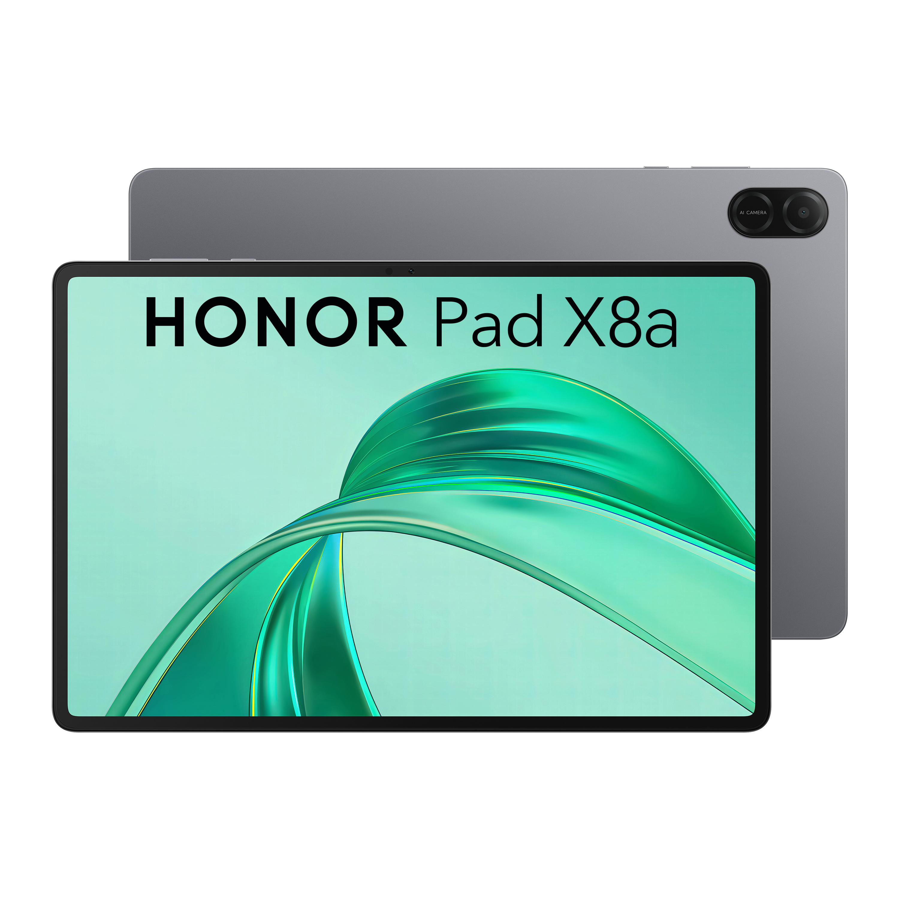 Graues Tablet mit grün-blauer Anzeige und den Worten HONOR Pad X8a.