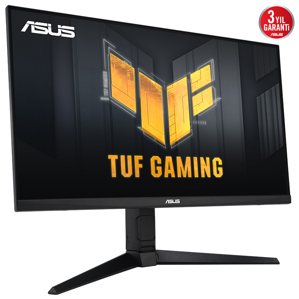 Siyah bir standa sahip bir ASUS TUF Gaming monitörü, metin içeren sarı bir oyun grafiği görüntülüyor.