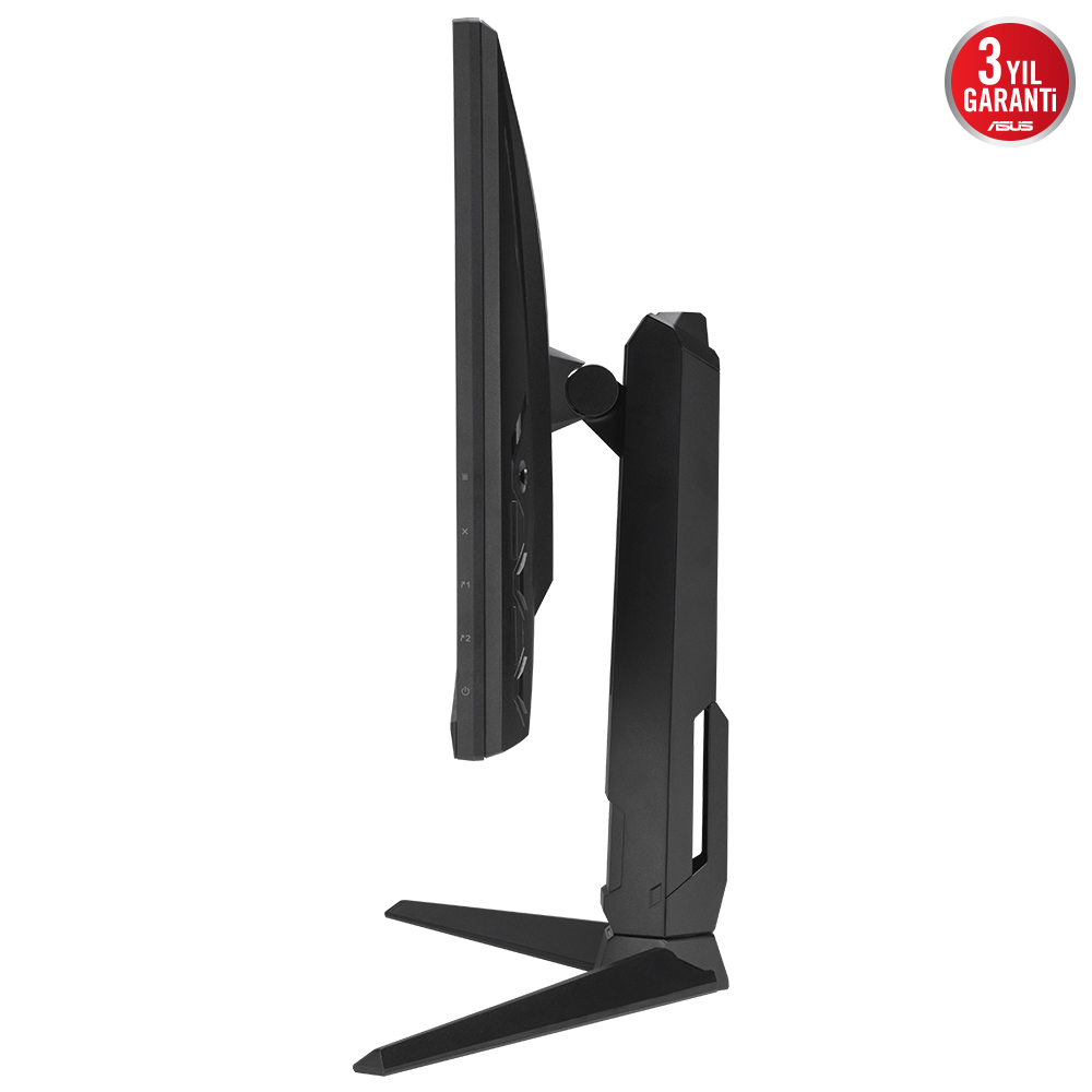 Siyah bir bilgisayar monitörünün yan görünümü. Bir standı ve metin içeren ASUS logosu var.