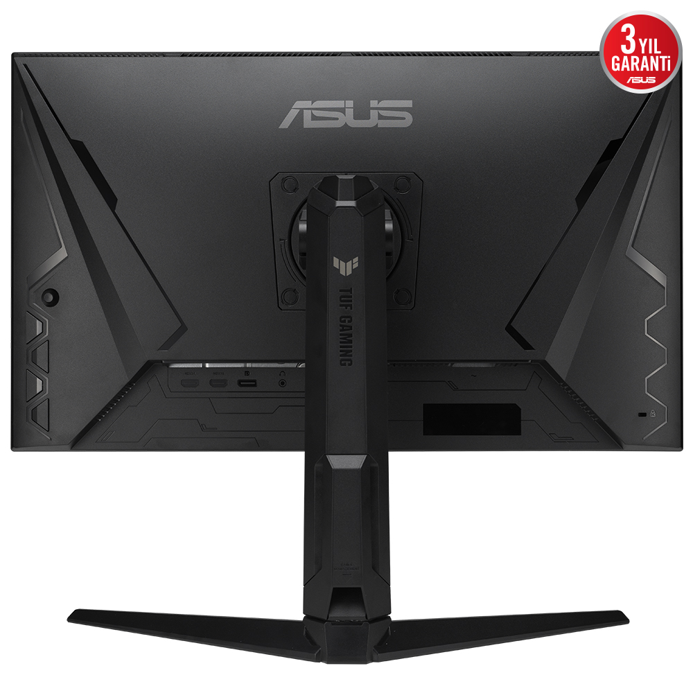 ASUS ve TUF GAMING logoları bulunan siyah bir ASUS oyun monitörünün arkası.
