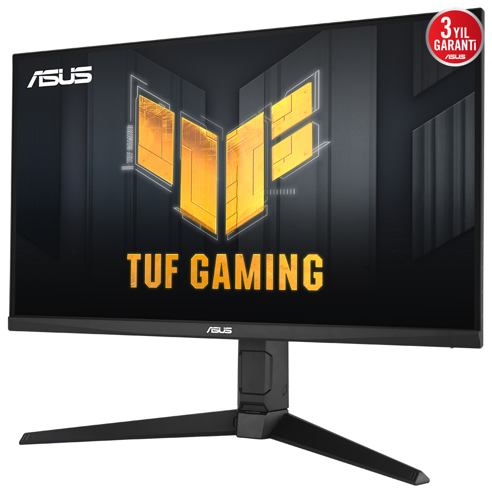 Siyah bir standa sahip bir oyun monitörü ve ekranda ASUS TUF Gaming logosu.