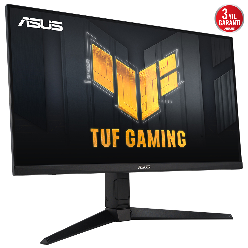 Siyah bir stand üzerinde ASUS TUF Gaming monitör, logo ile.