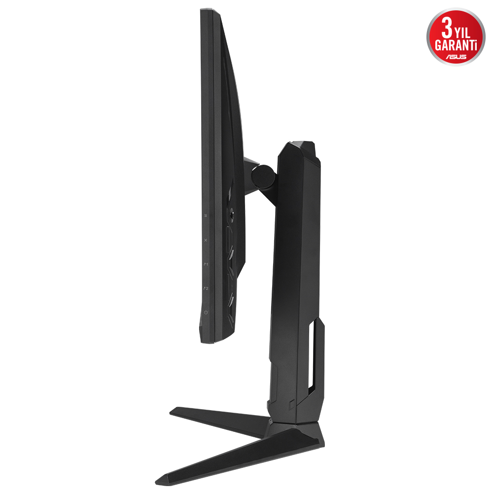 Siyah bir ASUS monitörün yan görünümü. Bir standı var ve 3 yıl garanti etiketi taşıyor.