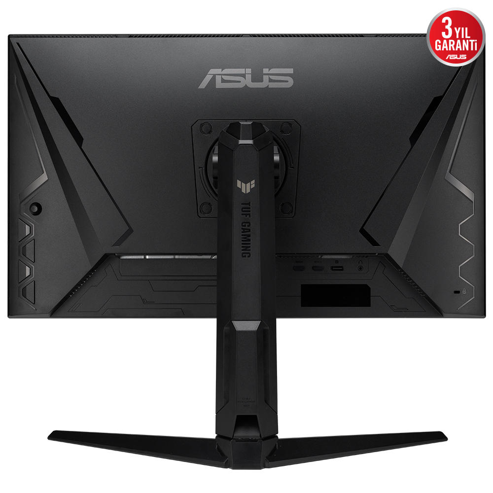 Arkasından siyah Asus monitör. Stand siyah, TUF GAMING logosu ile.