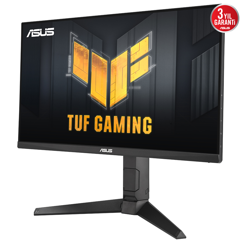 TUF GAMING yazan bir bilgisayar monitörü. Siyah ve altın rengi.