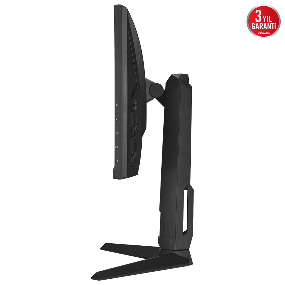 Siyah monitör yan görünümü, stand ve garanti logosu.