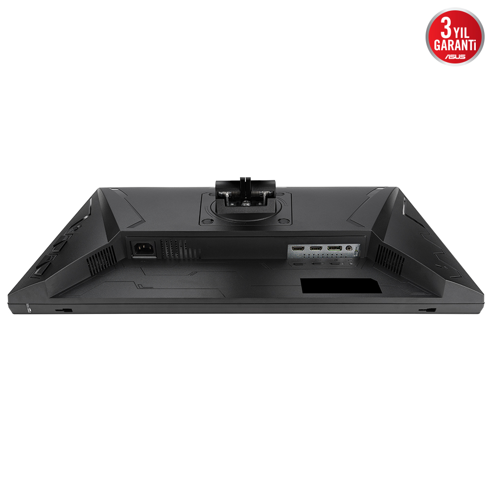 Siyah bir ASUS monitörünün arkası. Bağlantı noktalarını, havalandırma deliklerini ve stand bağlantısını gösterir.