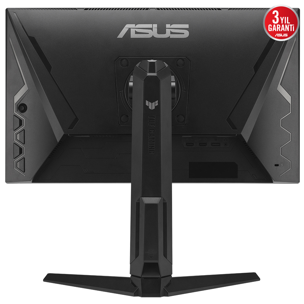 Siyah bir Asus bilgisayar monitörünün arkası, standı ve Asus logosu ile.