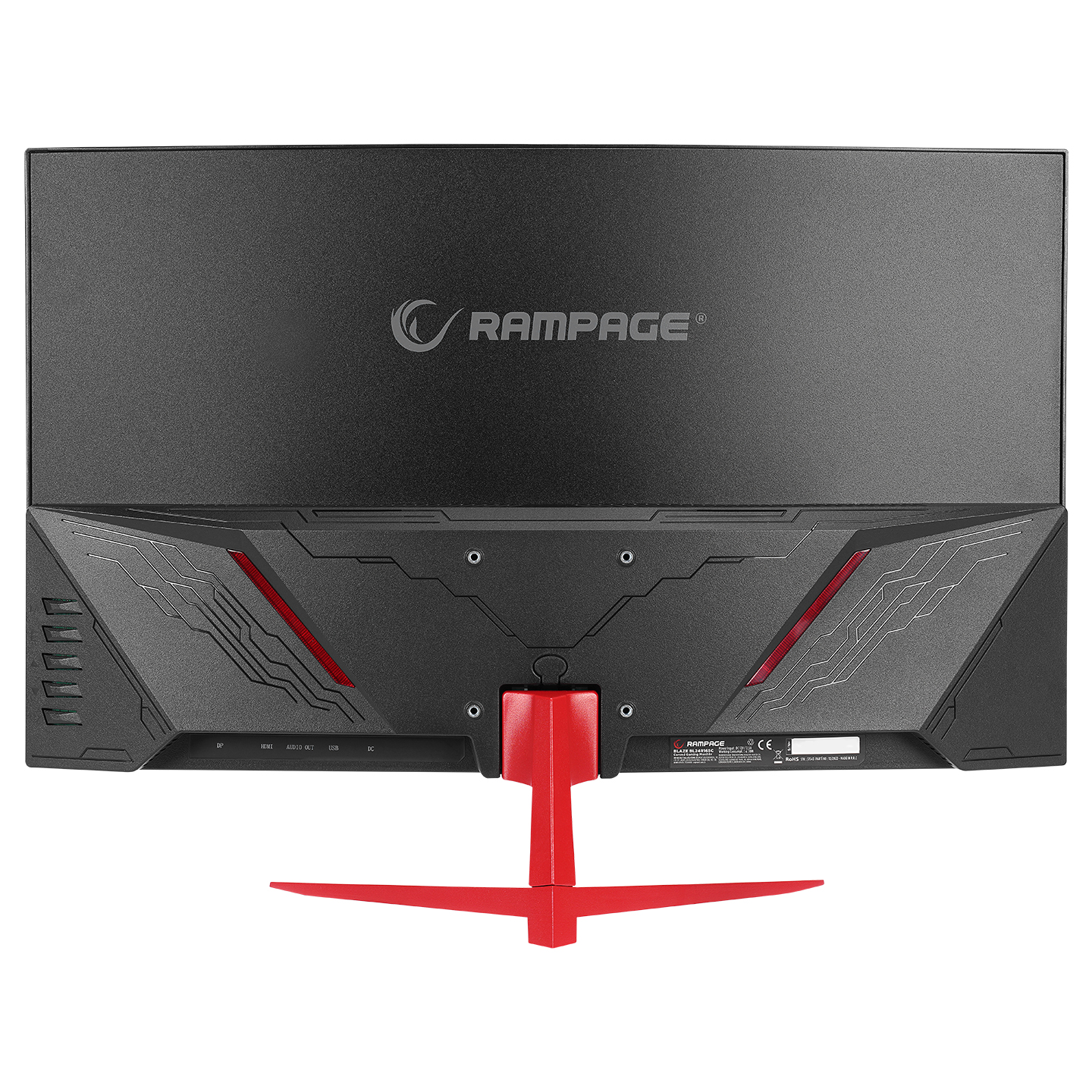 RAMPAGE logosu ve kırmızı bir standı olan siyah ve kırmızı bir oyun monitörünün arka görünümü.