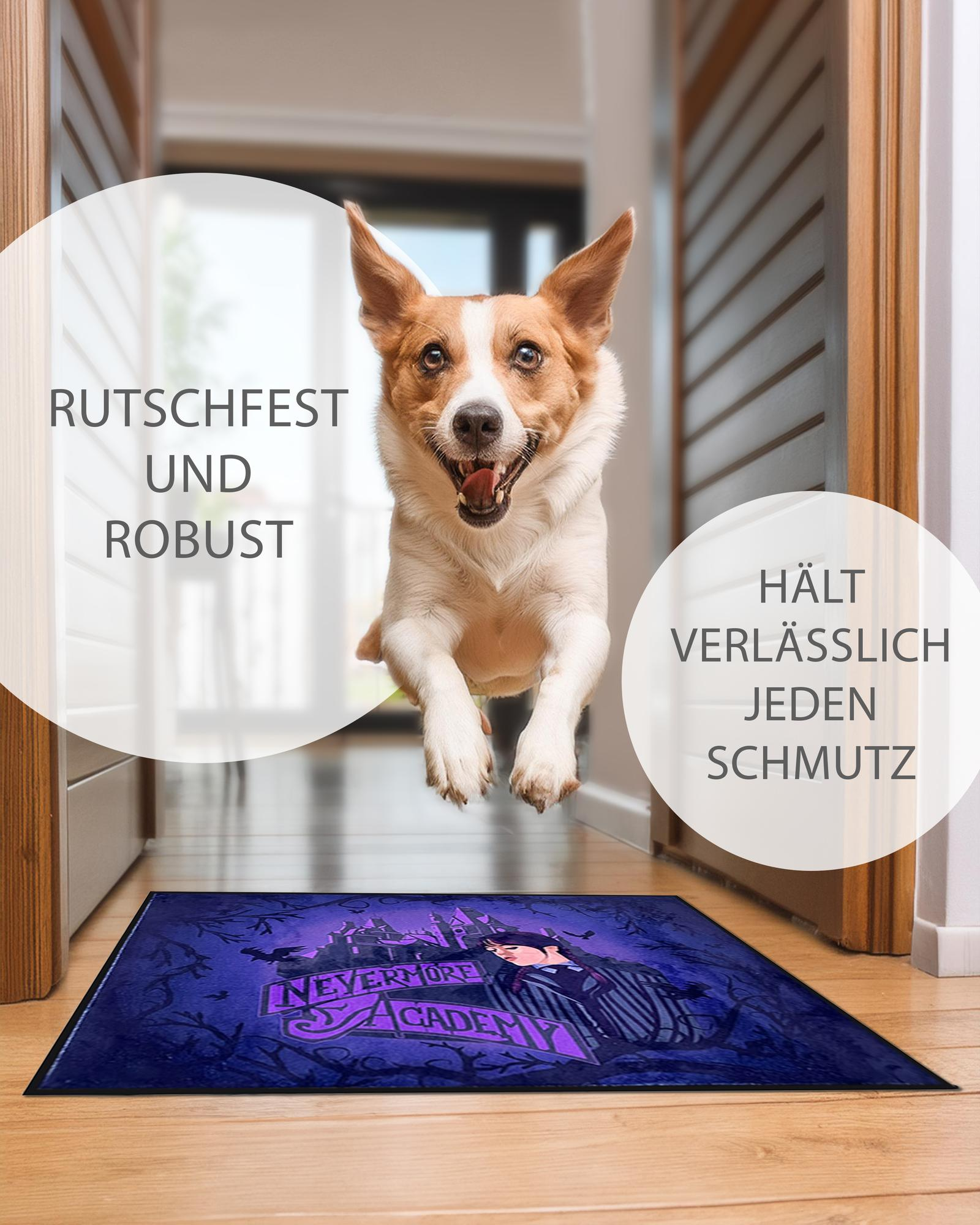 Hund springt über eine Fußmatte mit dem Text Nevermore Academy.