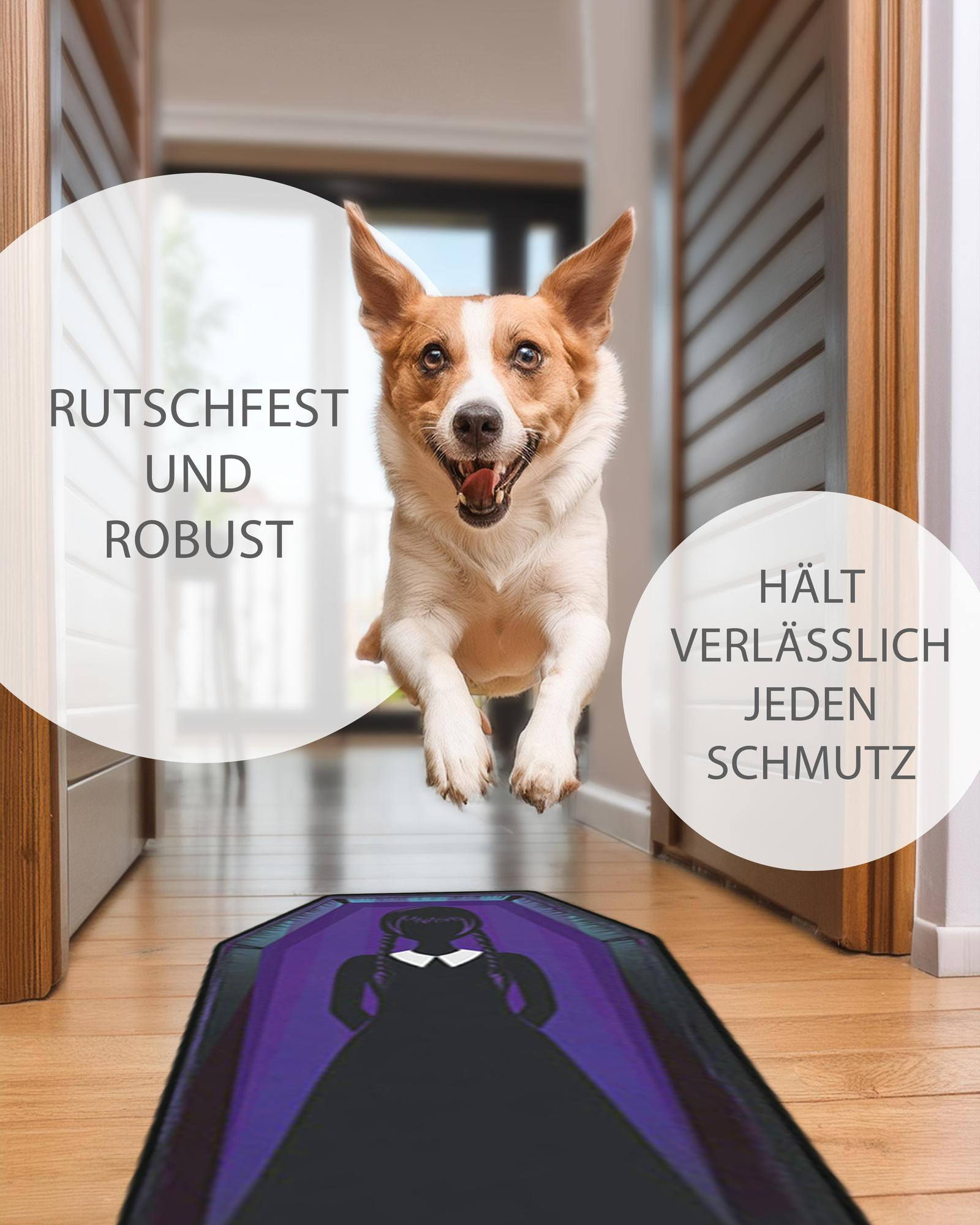 Ein Hund springt über eine Matte mit den Worten 'Rutschfest und Robust' und 'Hält verlässlich jeden Schmutz'.