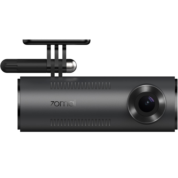 Czarna kamera samochodowa. Widoczny obiektyw i uchwyt montażowy. Marka to 70mai.