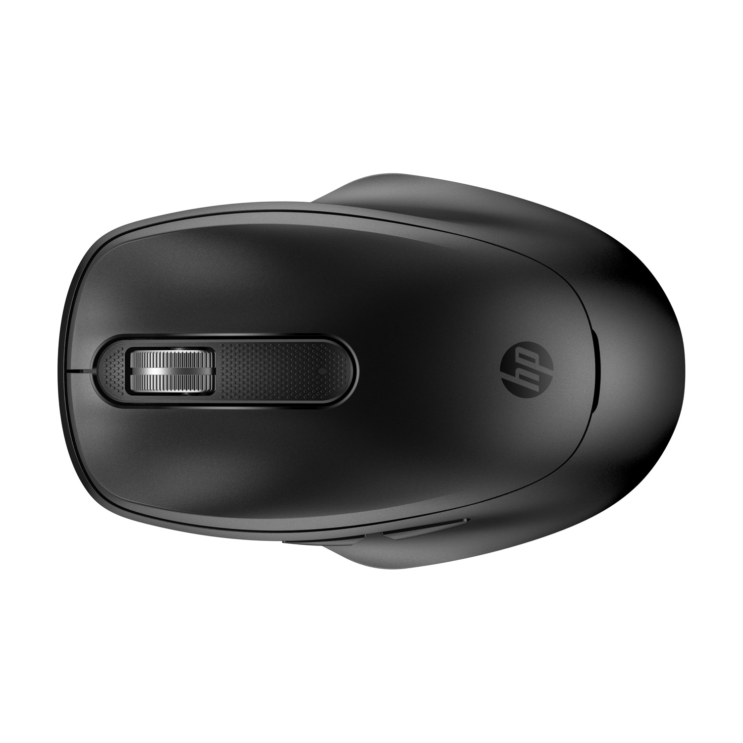Mouse per computer nero con rotella di scorrimento e logo HP su sfondo bianco.