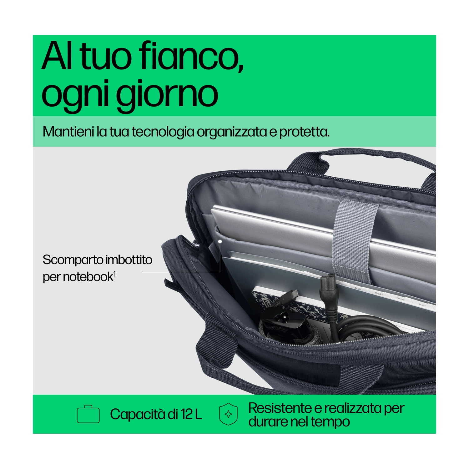 Una borsa per laptop con laptop, cavi e testo, con accenti verdi e bianchi.