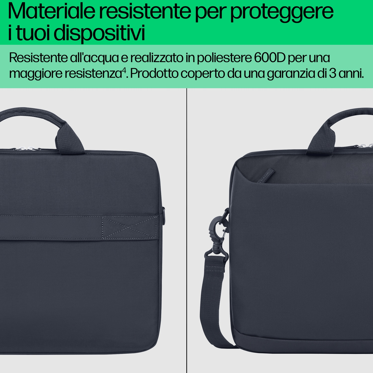 Vengono mostrate due borse per laptop nere, con testo in italiano sulla resistenza all'acqua e 3 anni di garanzia.