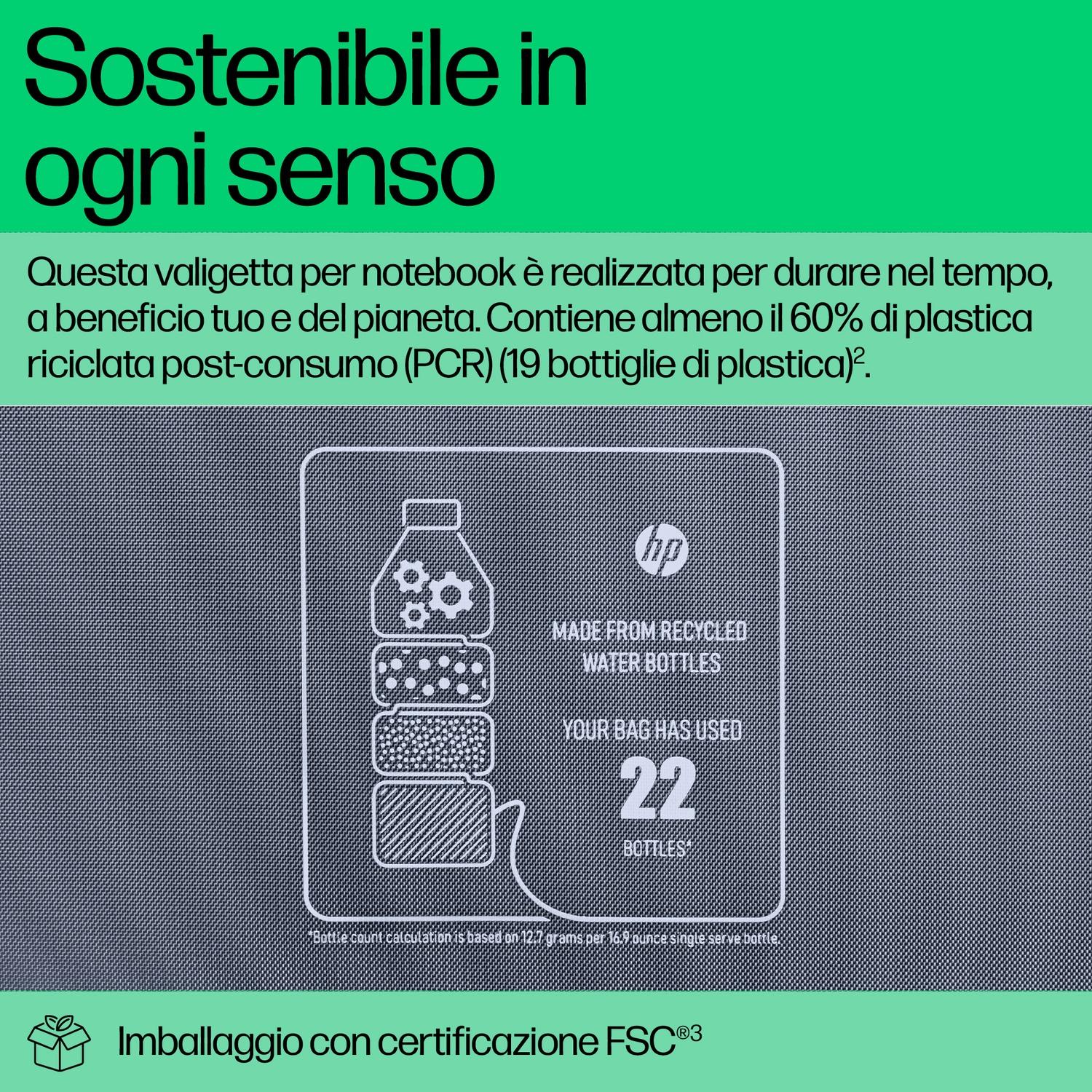 Scatola bianca con disegno di bottiglia realizzata con materiali riciclati. Testo: realizzata con bottiglie riciclate.